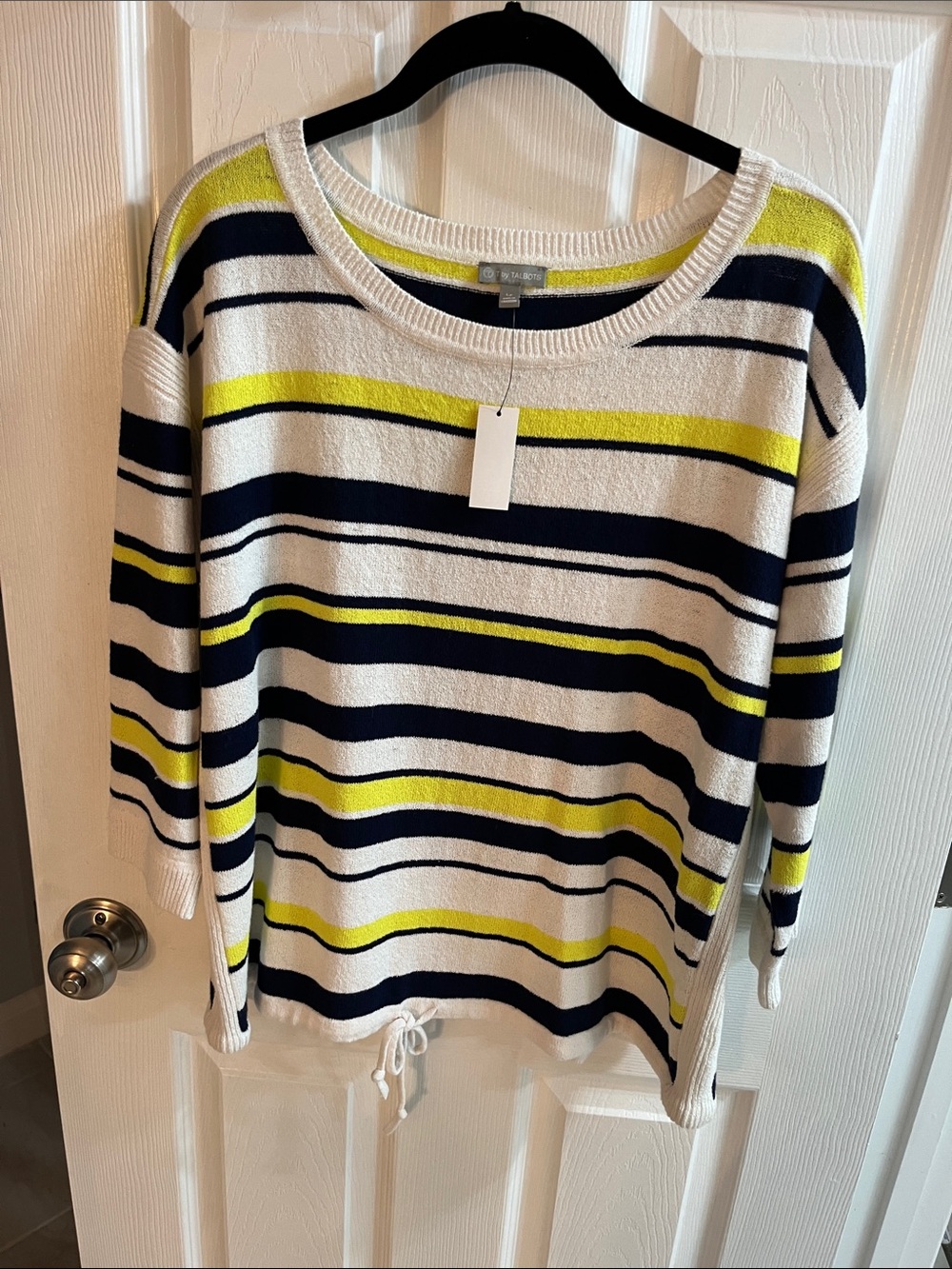 Striped Knit Boatneck Sweater in White, Navy & Yellow